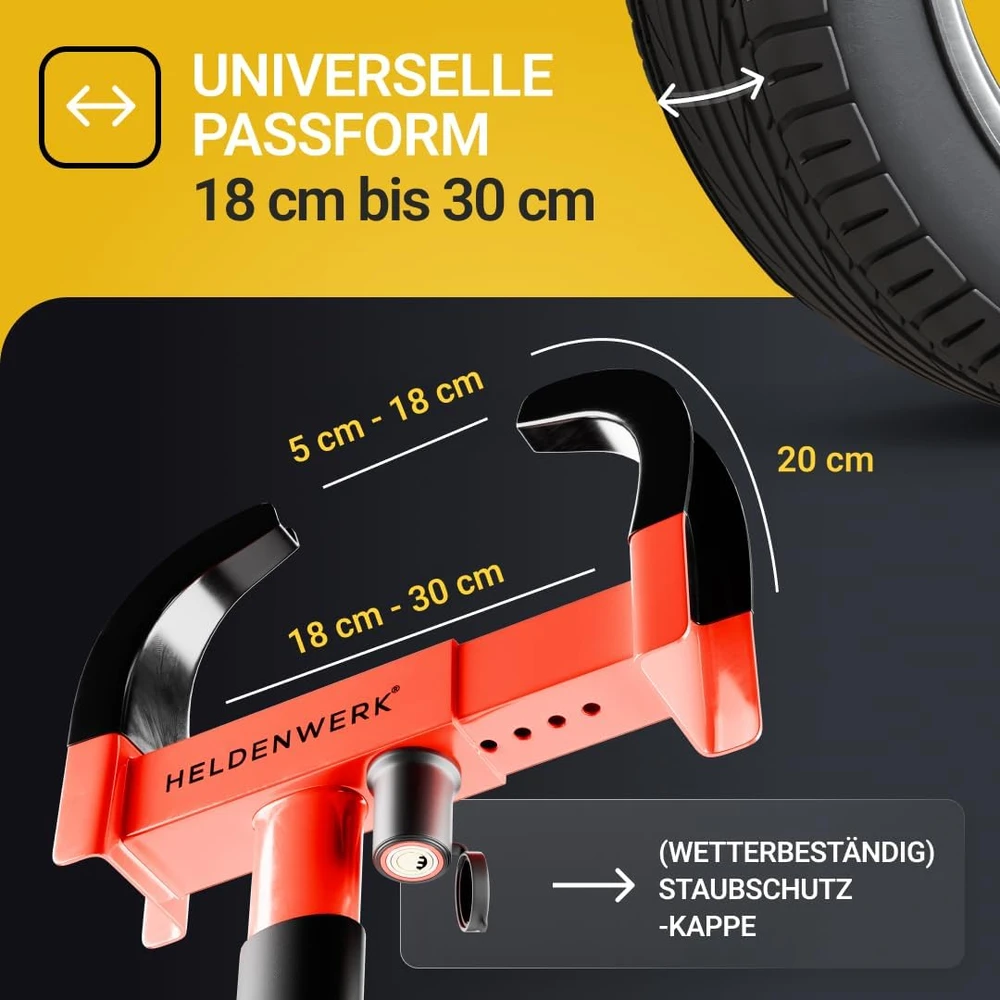 HELDENWERK ratų blokatorius automobiliui ir priekabai, 18–30 cm, 3 raktai, 1100161