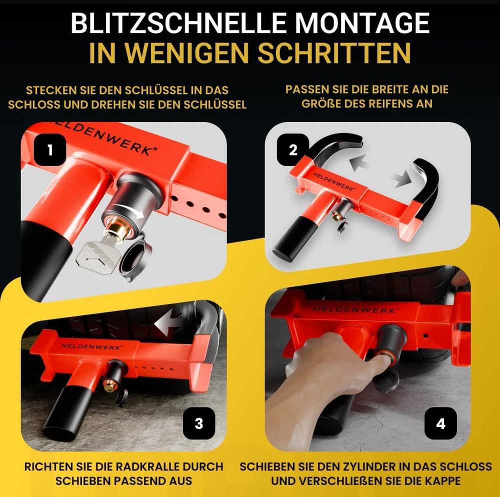 HELDENWERK ratų blokatorius automobiliui ir priekabai, 18–30 cm, 3 raktai, 1100161