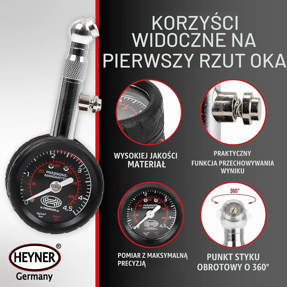 HEYNER padangų slėgio matuoklis 0,5–4,5 bar su 360° jungtimi 564200