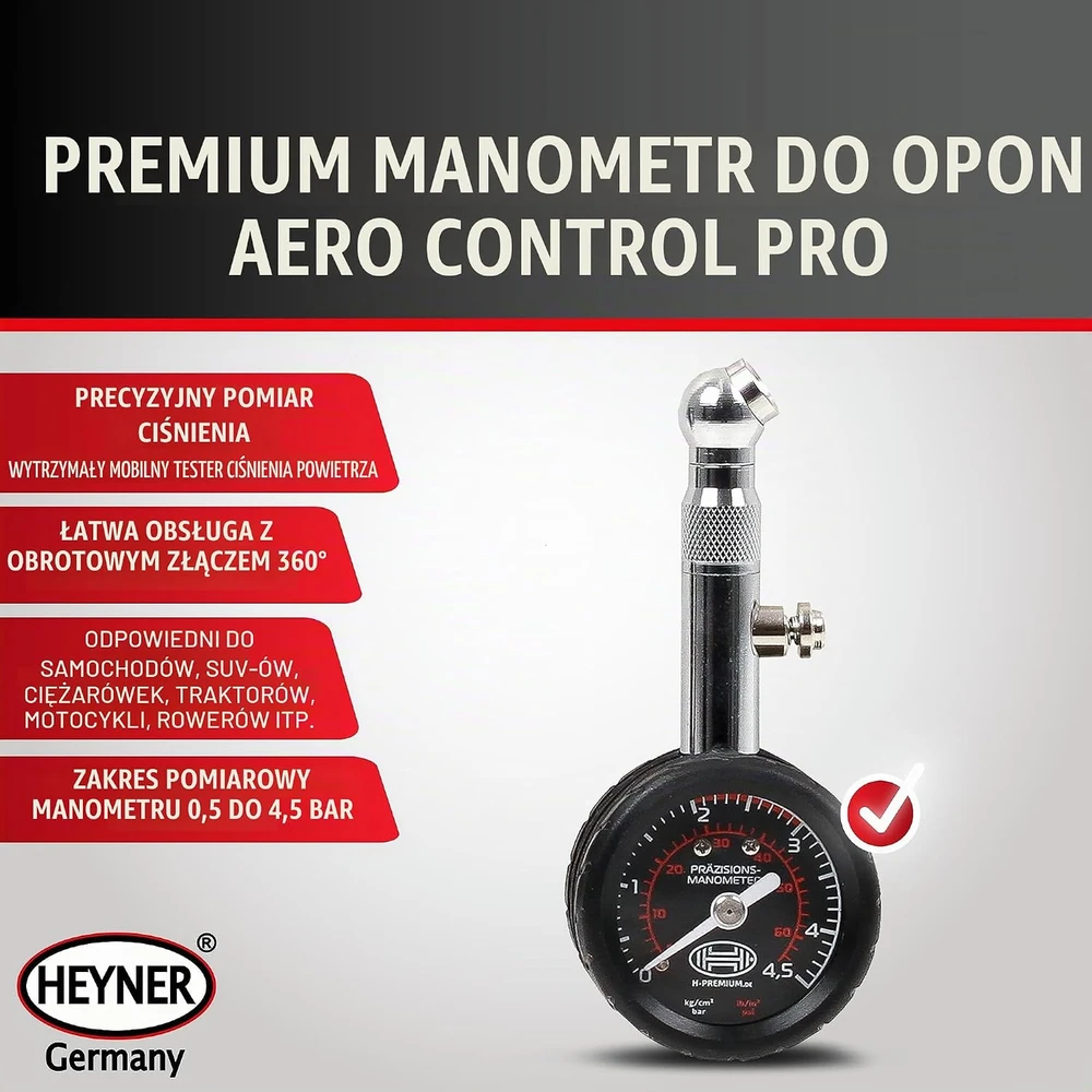 HEYNER padangų slėgio matuoklis 0,5–4,5 bar su 360° jungtimi 564200