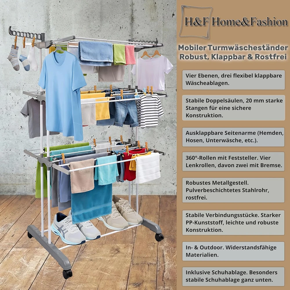 H&F Heimtextilien sulankstoma vertikali skalbinių džiovykla, 4 lygiai, 170 cm aukščio, su ratukais ir stabdžiais