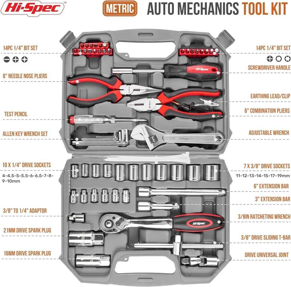 Hi-Spec automobilinių ir mechaninių įrankių rinkinys su 72 dantų terkšle, metrinėmis galvutėmis, 67 vnt. DT30016-GER