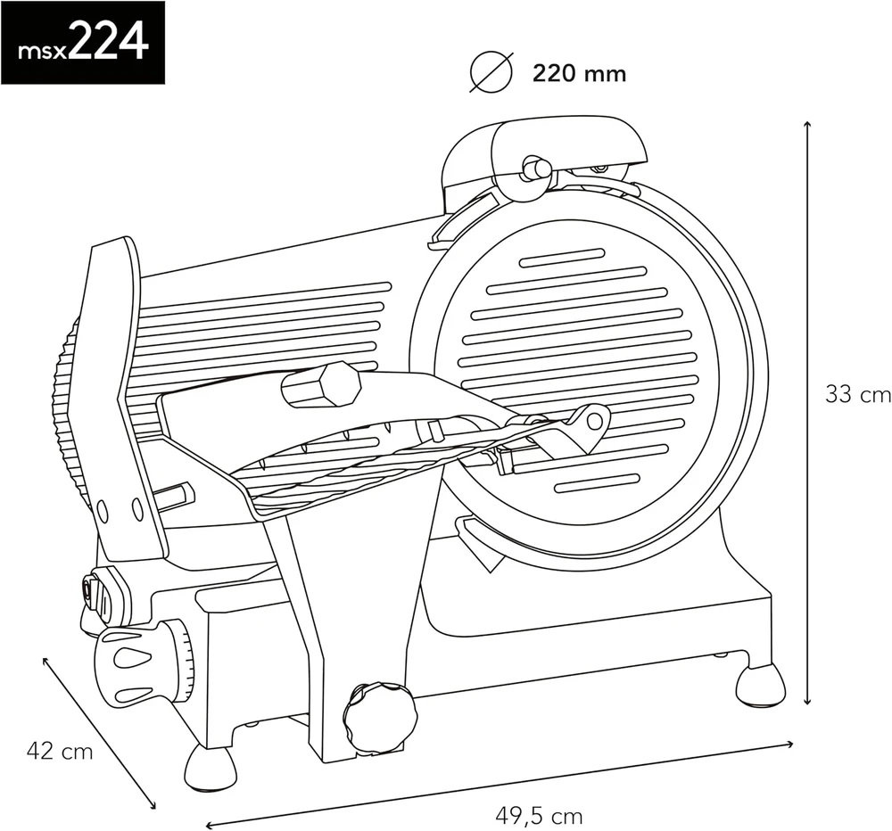 H.Koenig mėsos pjaustyklė su 220 mm itališku peiliu, reguliuojamas storis 0–12 mm, MSX224