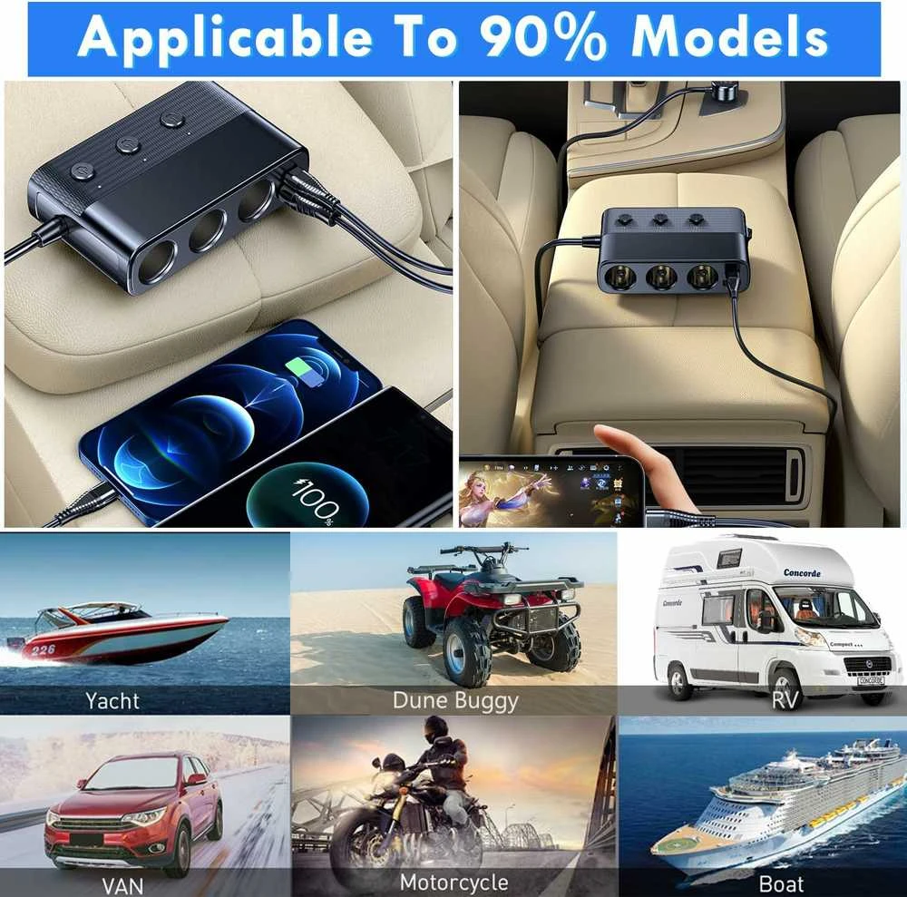 Hoembpn automobilinis 12/24 V šakotuvas 3x lizdai + 4x USB PD QC3.0, 127 W