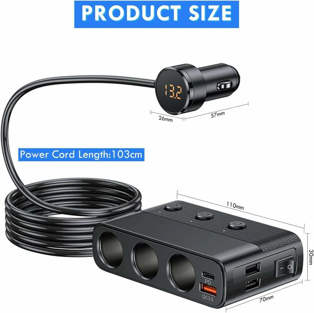 Hoembpn automobilinis 12/24 V šakotuvas 3x lizdai + 4x USB PD QC3.0, 127 W