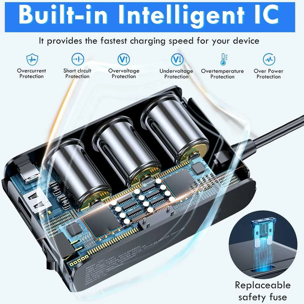 Hoembpn automobilinis 12/24 V šakotuvas 3x lizdai + 4x USB PD QC3.0, 127 W