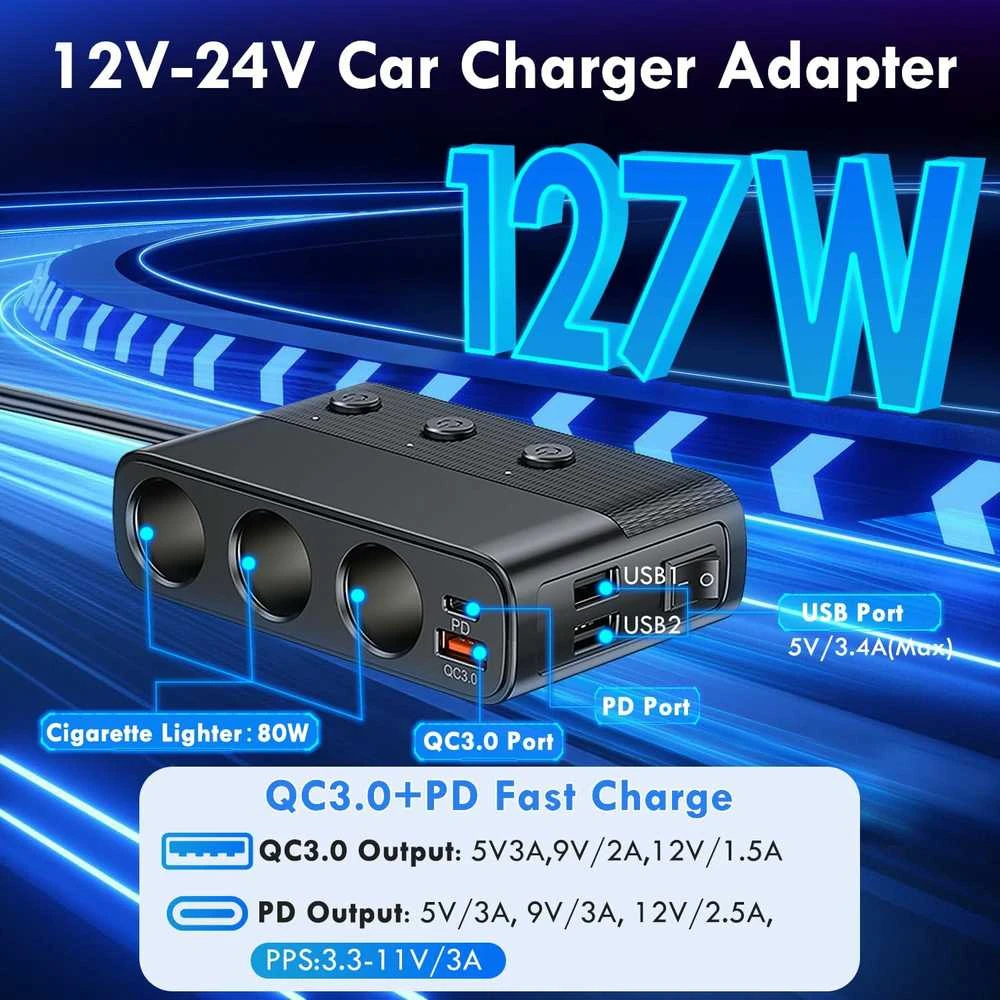 Hoembpn automobilinis 12/24 V šakotuvas 3x lizdai + 4x USB PD QC3.0, 127 W