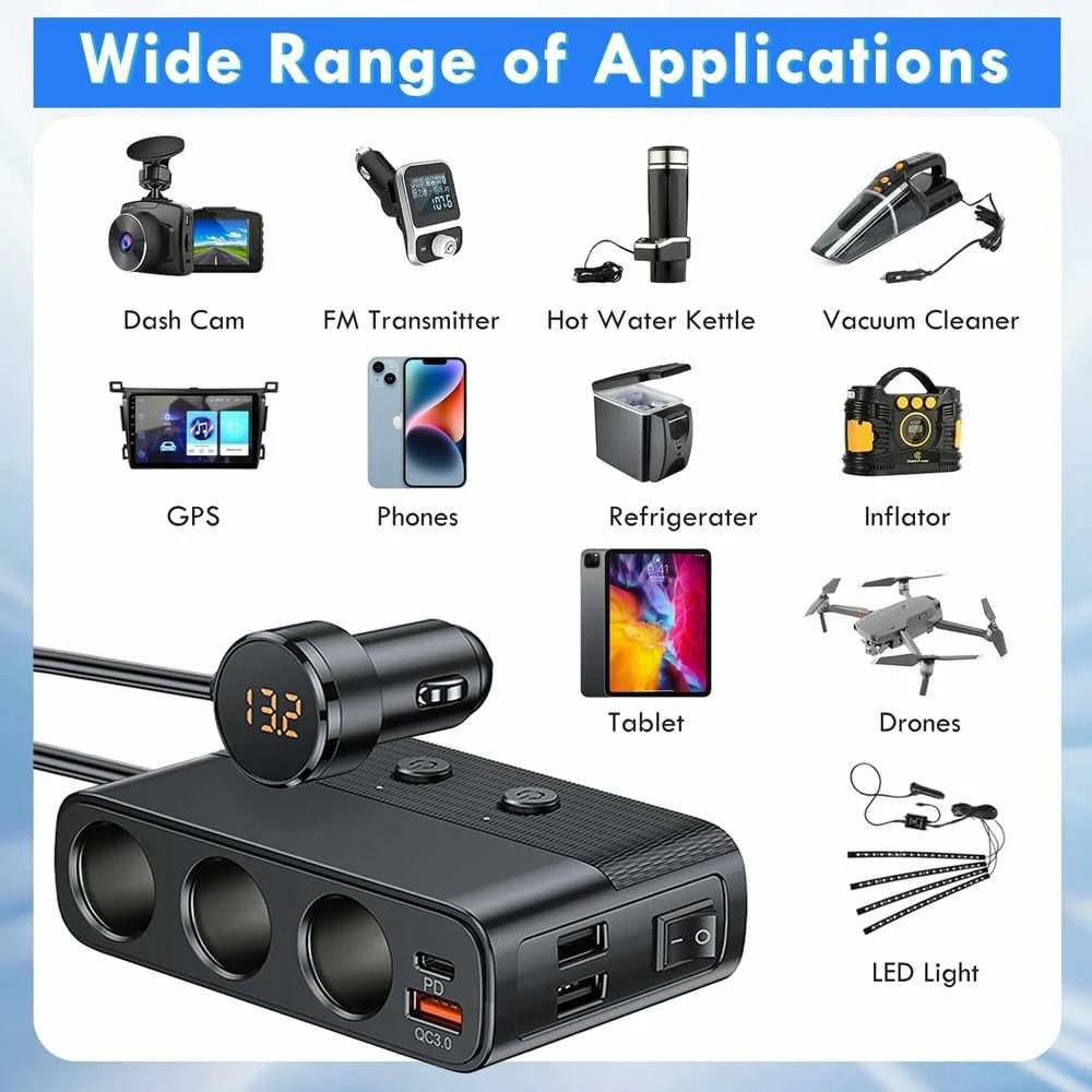 Hoembpn automobilinis 12/24 V šakotuvas 3x lizdai + 4x USB PD QC3.0, 127 W