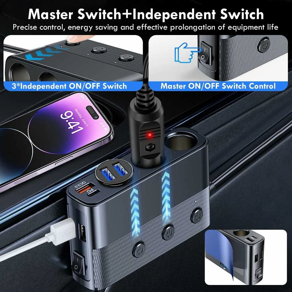 Hoembpn automobilinis 12/24 V šakotuvas 3x lizdai + 4x USB PD QC3.0, 127 W