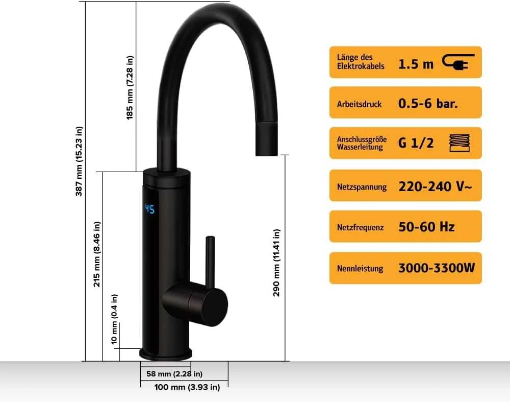 Hogart elektrinis maišytuvas su momentiniu vandens šildytuvu, 3 kW, 230 V, matinis juodas, HY30-20