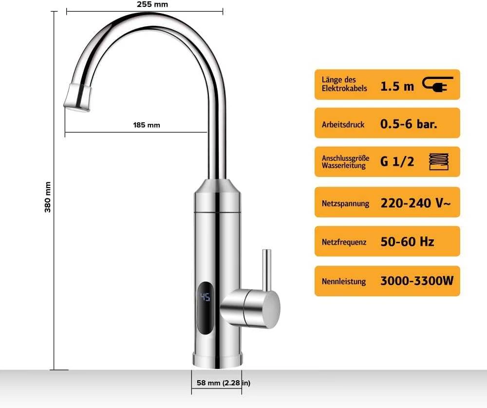 Hogart elektrinis vandens šildymo čiaupas, nerūdijantis plienas, 230 V, 6 l/min, HY30-19