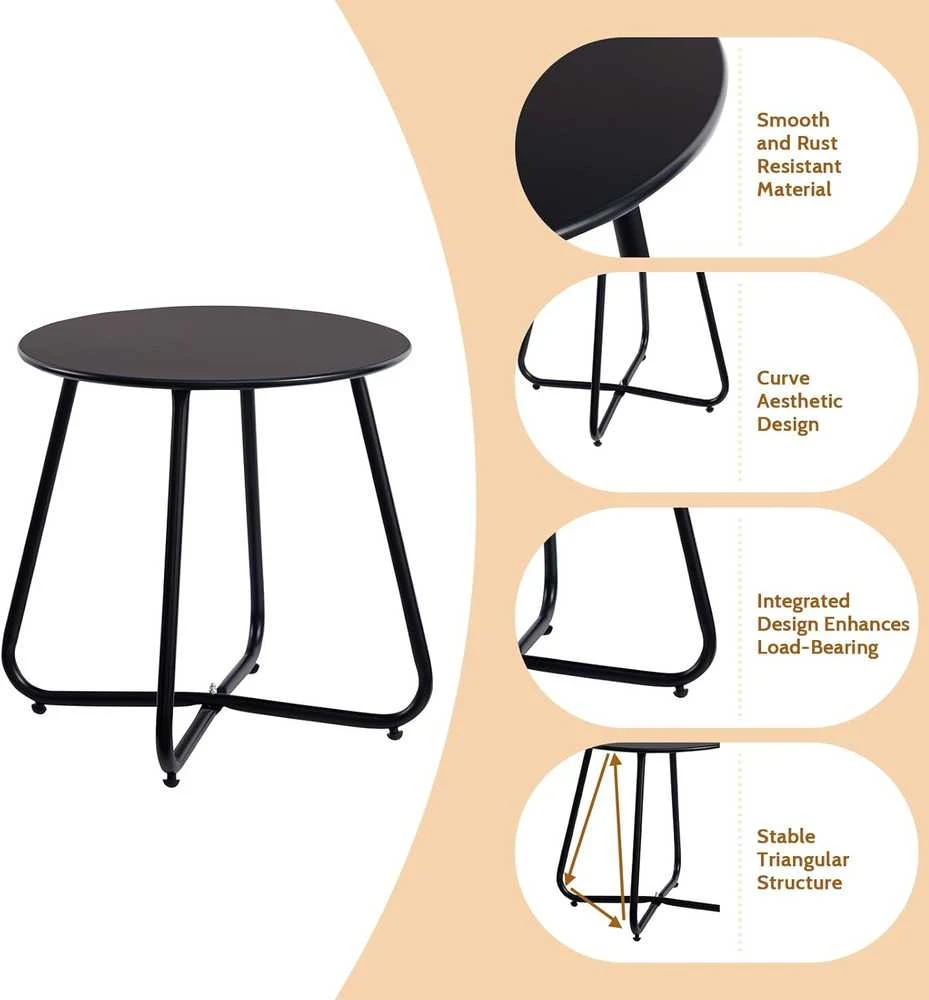 HollyHOME apvalus metalinis lauko pagalbinis staliukas, juodas, 40 × 45 cm, EURST-BK