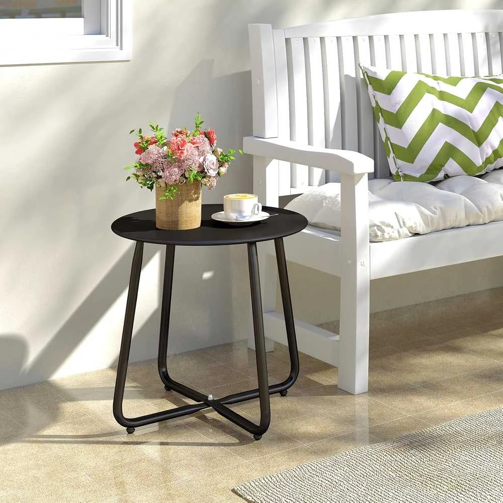 HollyHOME apvalus metalinis lauko pagalbinis staliukas, juodas, 40 × 45 cm, EURST-BK