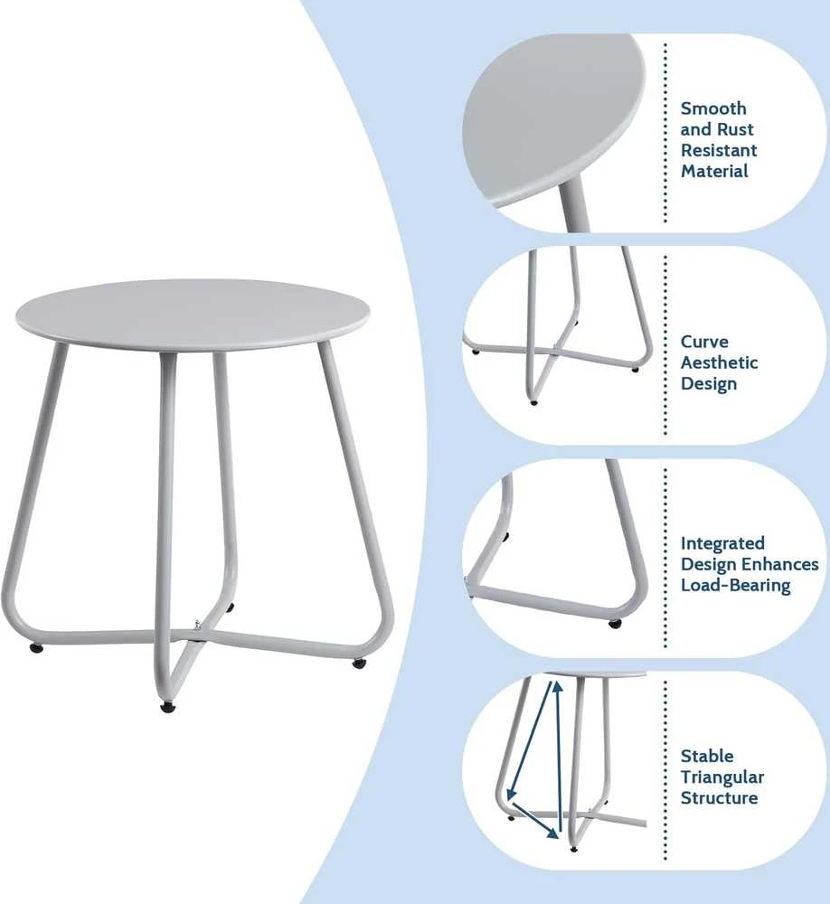 HollyHOME apvalus metalinis lauko staliukas, pilkas, 45 × 40 cm, didžiausia apkrova 23 kg