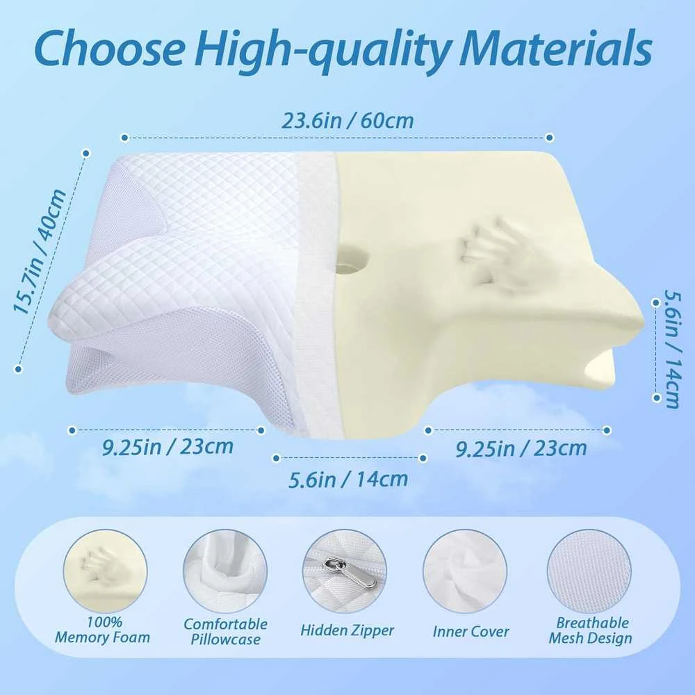 HOMCA ergonominė kaklo pagalvė iš atminties putų, 60 × 40 cm, nuimamas užvalkalas, balta, PL02