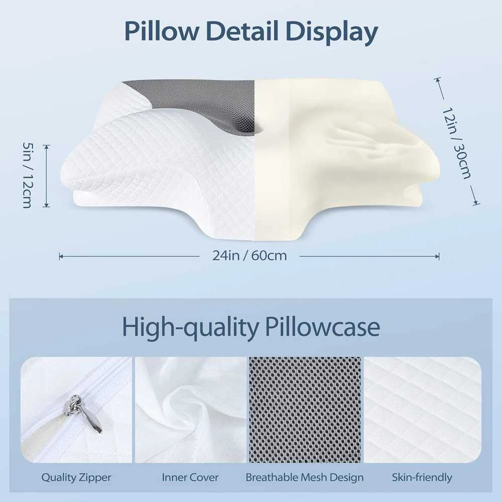 HOMCA ortopedinė kaklo pagalvė iš atminties putų, ergonominė, 60 × 35 × 8/12 cm, pilka, PL01