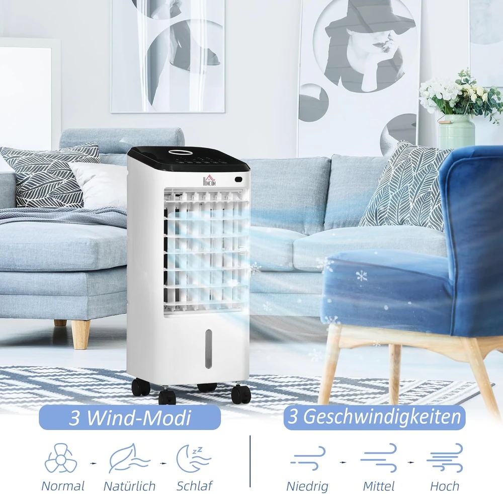 Kondicionierius HOMCOM mobilus oro vėsintuvas 3in1 su drėkinimo, vėsinimo ir ventiliatoriaus funkcijomis, 65 W, nuotolinio valdymo pultas, 3,5 l talpa, 824-063V90CW