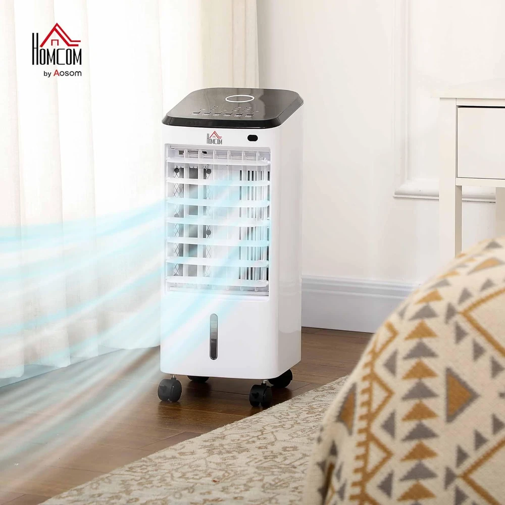 Kondicionierius HOMCOM mobilus oro vėsintuvas 3in1 su drėkinimo, vėsinimo ir ventiliatoriaus funkcijomis, 65 W, nuotolinio valdymo pultas, 3,5 l talpa, 824-063V90CW