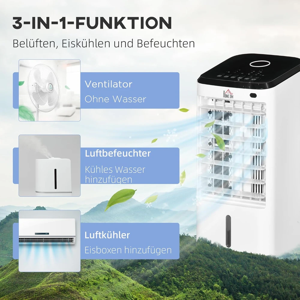 Kondicionierius HOMCOM mobilus oro vėsintuvas 3in1 su drėkinimo, vėsinimo ir ventiliatoriaus funkcijomis, 65 W, nuotolinio valdymo pultas, 3,5 l talpa, 824-063V90CW
