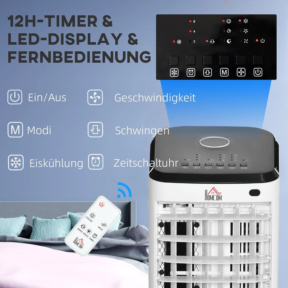 Kondicionierius HOMCOM mobilus oro vėsintuvas 3in1 su drėkinimo, vėsinimo ir ventiliatoriaus funkcijomis, 65 W, nuotolinio valdymo pultas, 3,5 l talpa, 824-063V90CW