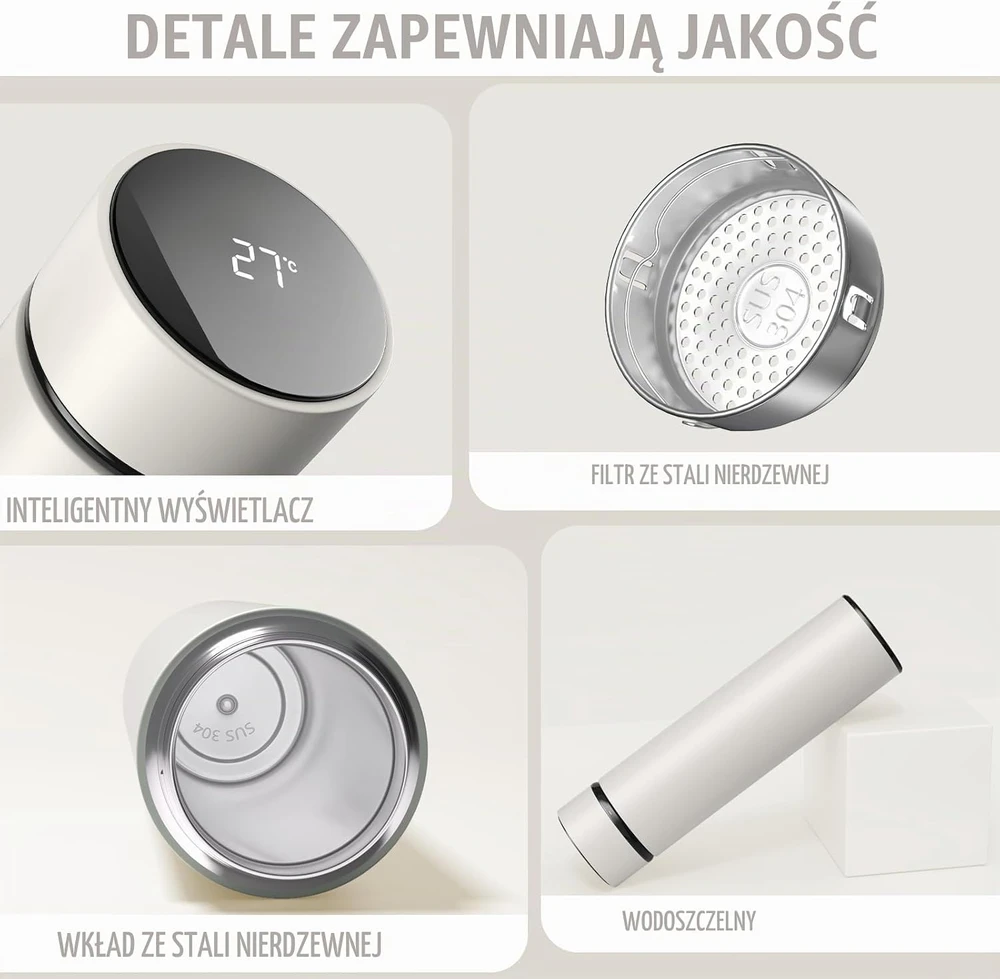 Homealexa kelioninis termopuodelis 500 ml su liečiamu temperatūros ekranu, pilkas