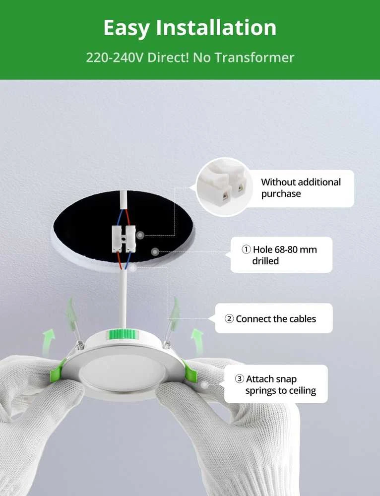 HOMEOW įleidžiami LED šviestuvai, 5 W, 230 V, reguliuojami, 68–80 mm, 3 spalvų temperatūros, 20 vnt. rinkinys