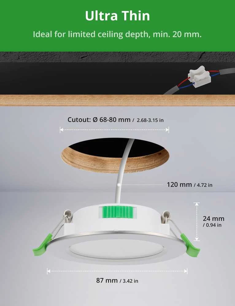 HOMEOW įleidžiami LED šviestuvai, 5 W, 230 V, reguliuojami, 68–80 mm, 3 spalvų temperatūros, 20 vnt. rinkinys