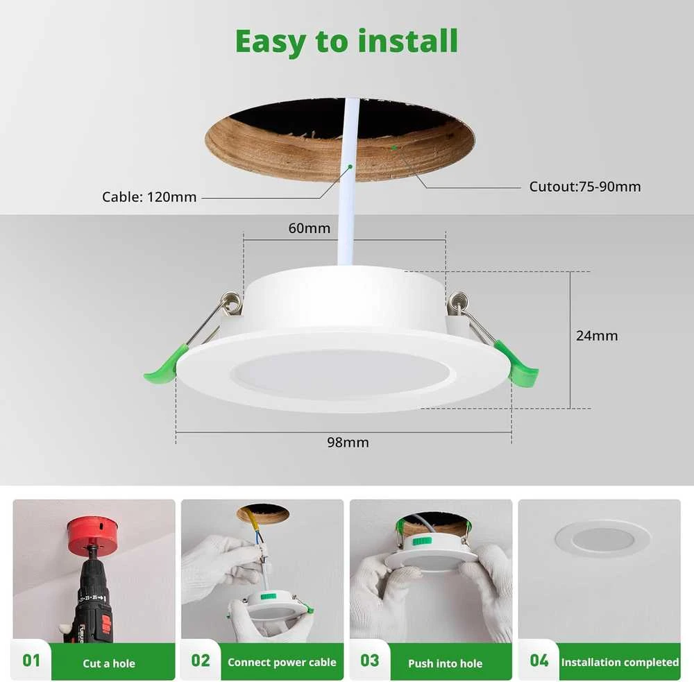 HOMEOW įleidžiamų LED šviestuvų rinkinys, 7 W, 230 V, 20 vnt., pritemdomi, 75–90 mm, YZ-RCL7D3CCT