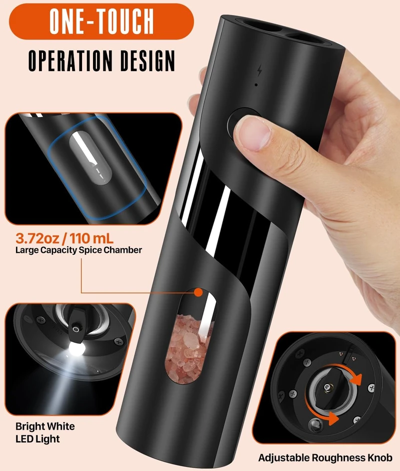 Homtronics elektrinis druskos ir pipirų malūnėlių rinkinys su įkrovimo stotele, 110 ml, DEHMP3B-2P