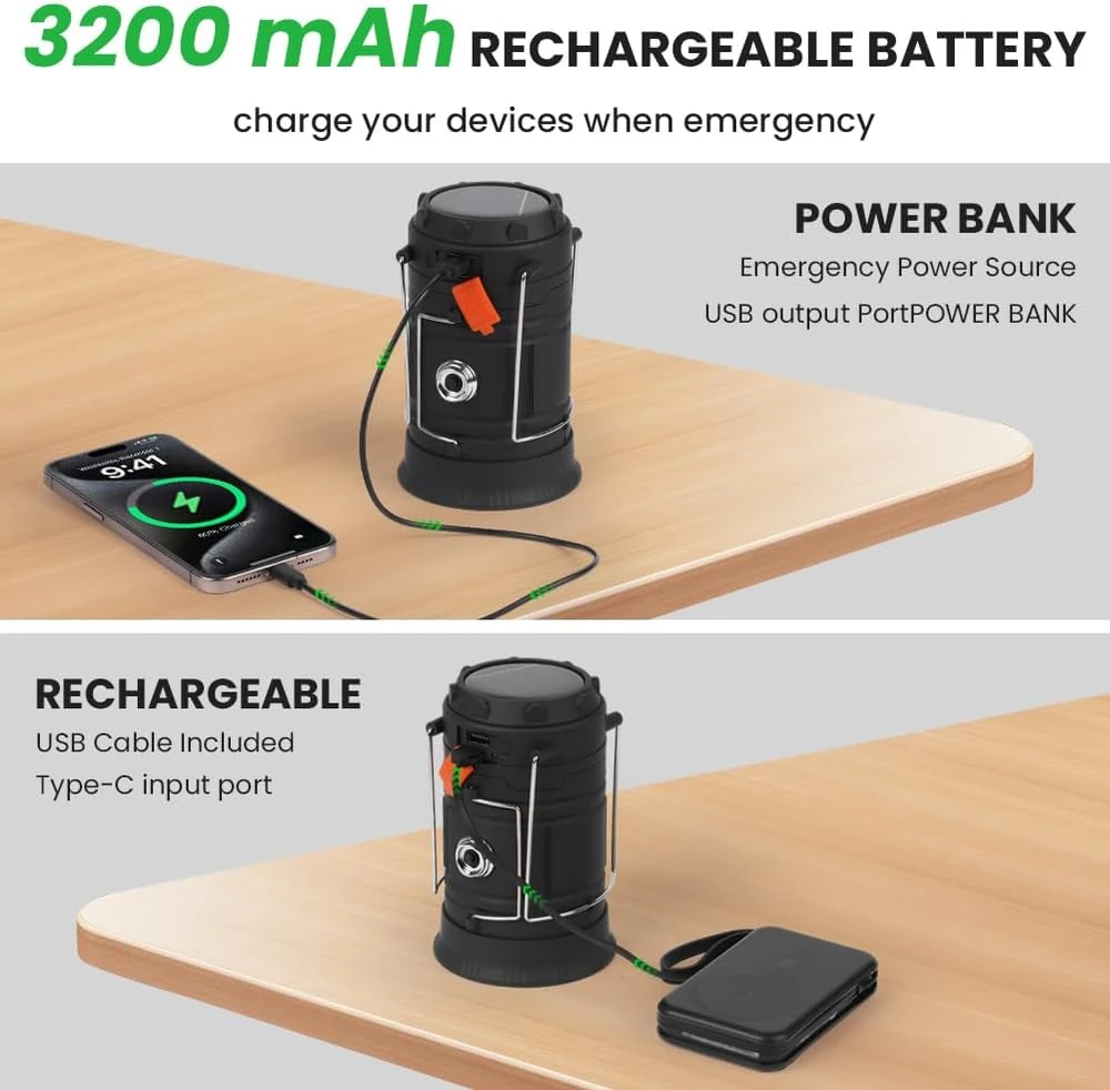 HOTUT įkraunama LED kempingo lempa, žibintuvėlis, išorinė baterija, 350 lm, 3200 mAh, IPX4
