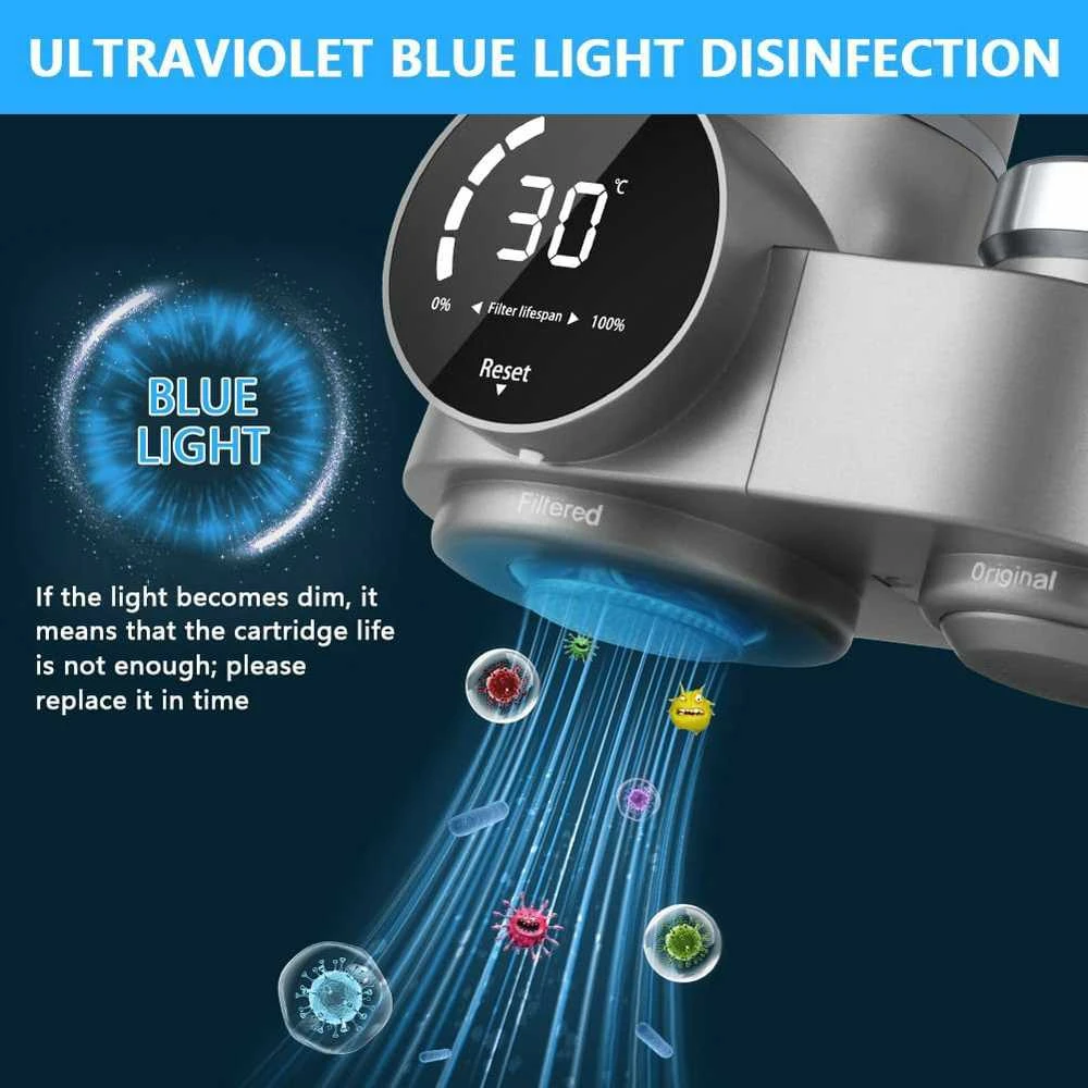 HOTUT vandens čiaupo filtras su UV LED ekranu, aktyvintos anglies kasete ir ABS korpusu KAT-STP-301