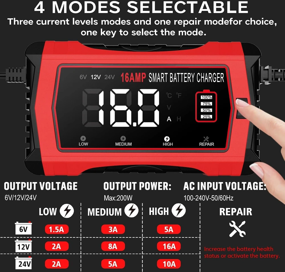 HTRC automobilinis akumuliatorių įkroviklis 6 V/12 V/24 V, 16 A, 16A-Charger
