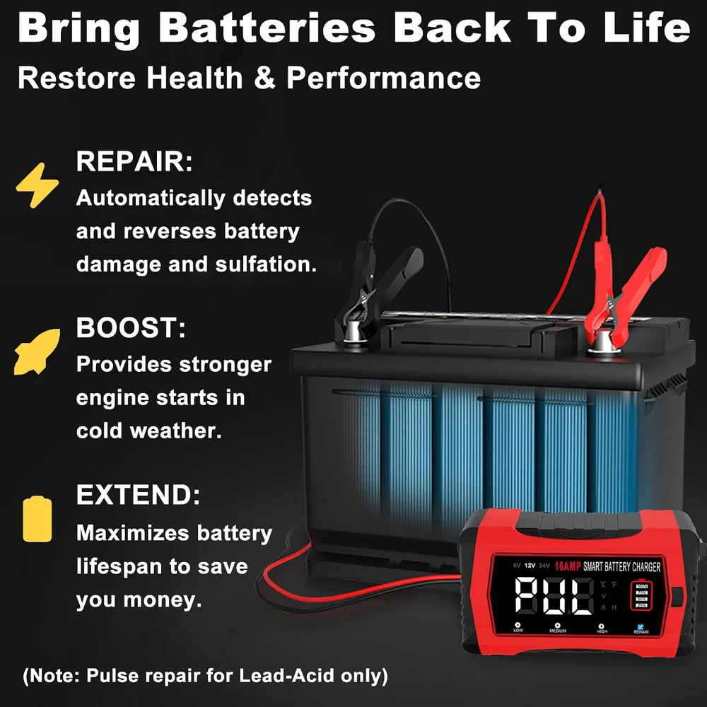 HTRC automobilinis akumuliatorių įkroviklis 6 V/12 V/24 V, 16 A, 16A-Charger