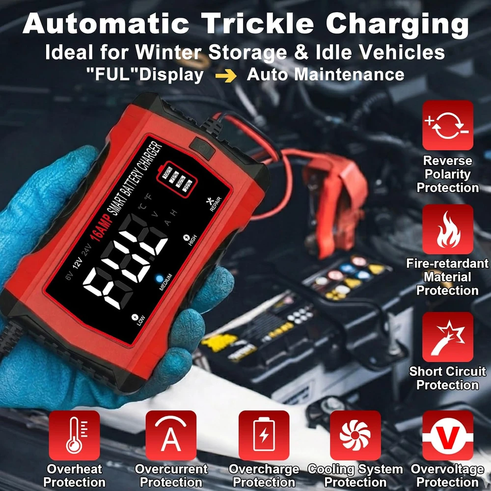 HTRC automobilinis akumuliatorių įkroviklis 6 V/12 V/24 V, 16 A, 16A-Charger