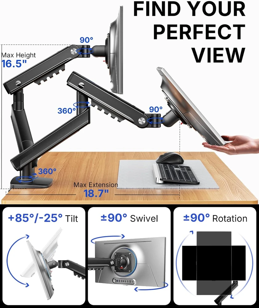 HUANUO dvigubas monitorių laikiklis 13–32 colių ekranams, iki 9kg, VESA 75/100 mm HNDMA119B-DS