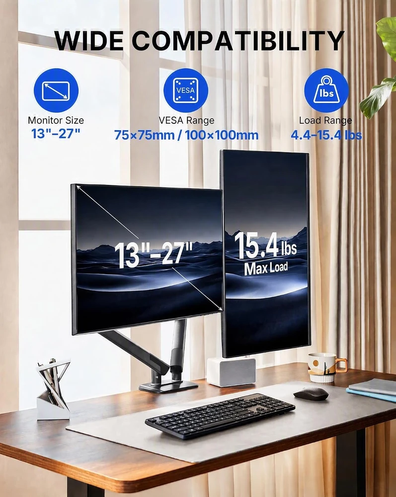 HUANUO dvigubas monitorių laikiklis 13–32 colių ekranams, iki 9kg, VESA 75/100 mm HNDMA119B-DS