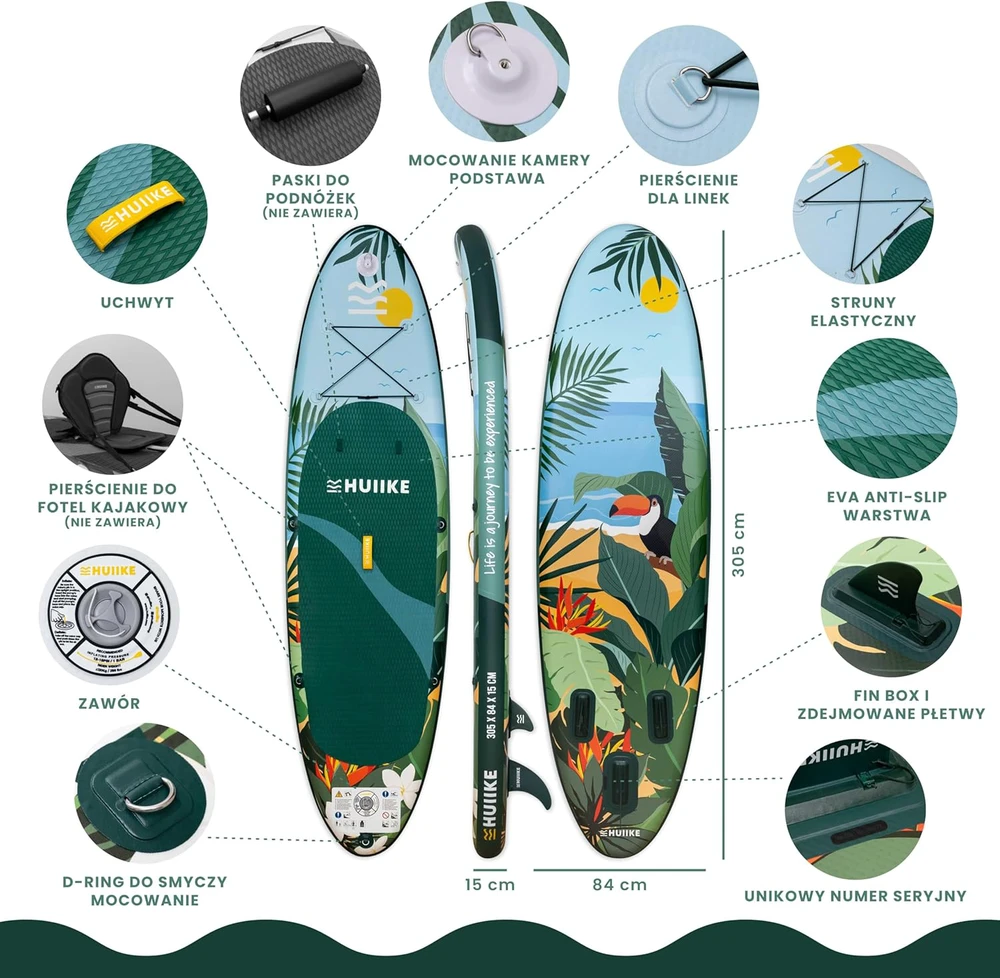 HUIIKE pripučiama SUP irklentė su aksesuarais, 305x84x15 cm, PVC, maksimali apkrova 130 kg