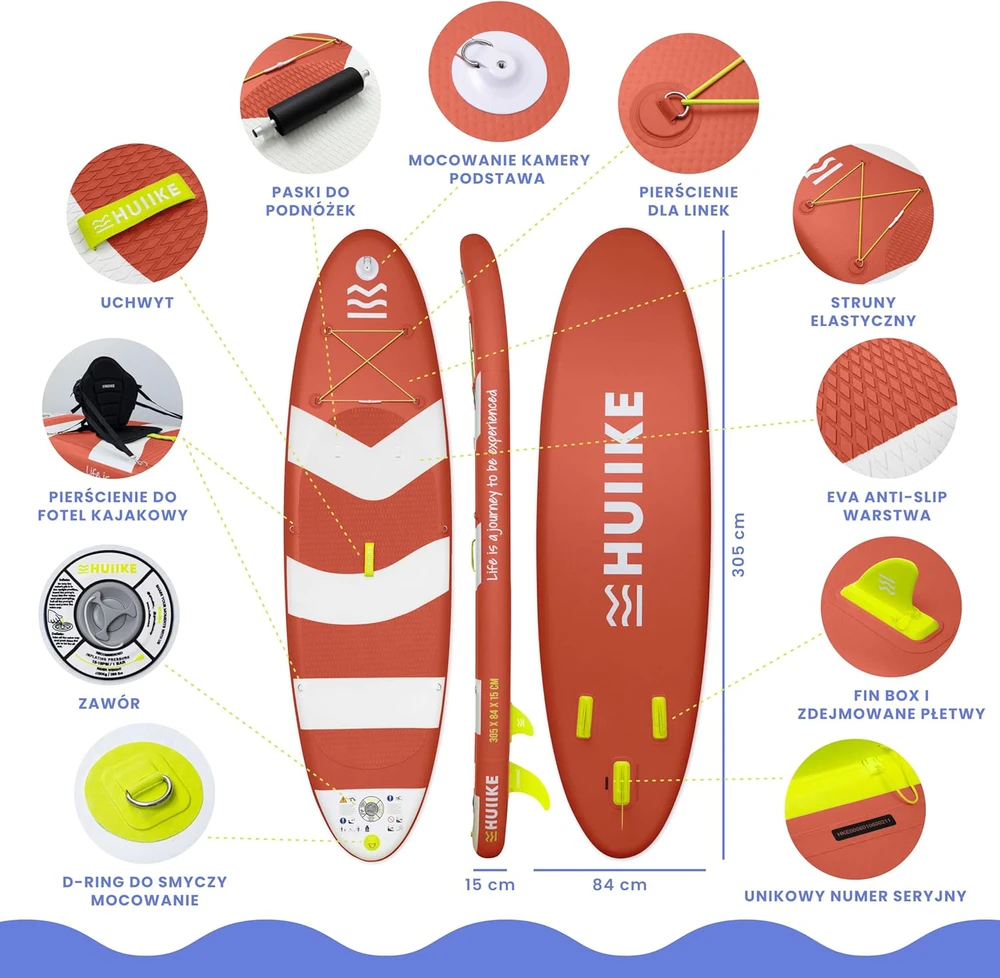 HUIIKE pripučiama SUP lenta su irklu, 305x84x15 cm, maksimalus svoris 130 kg, PVC
