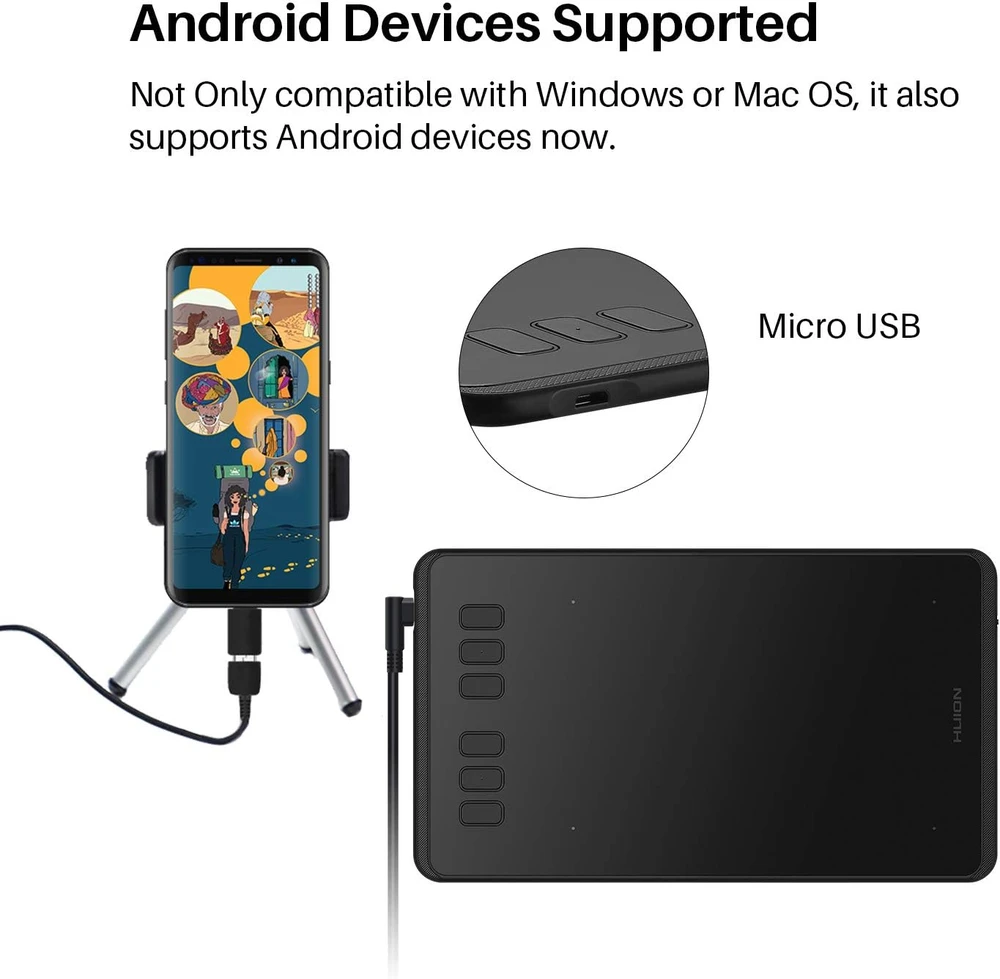 HUION grafinė planšetė H640P-OTG su 8192 lygių slėgio jautrumu ir 6 programuojamais mygtukais