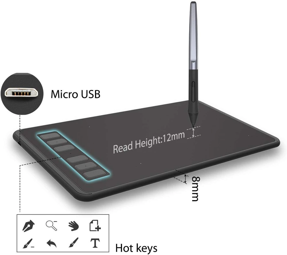 HUION grafinė planšetė H640P-OTG su 8192 lygių slėgio jautrumu ir 6 programuojamais mygtukais