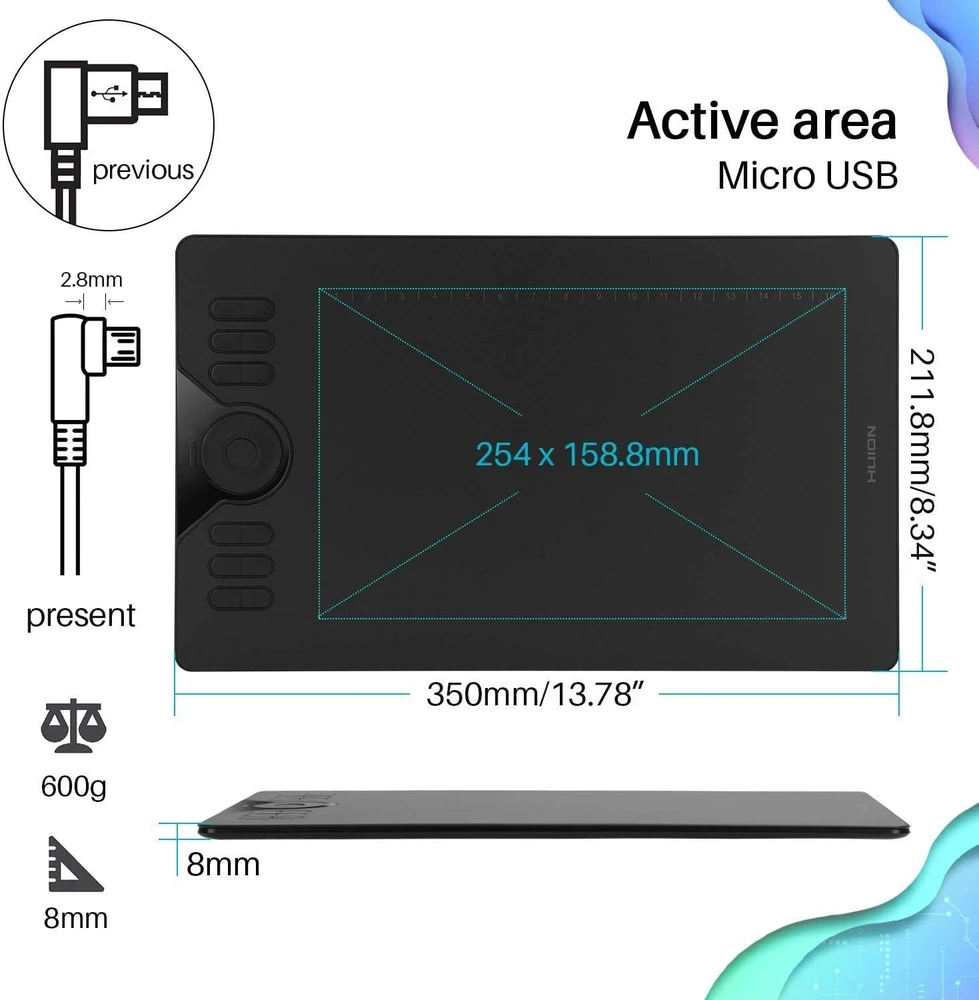 HUION grafinė planšetė su USB jungtimi, 8192 spaudimo lygiai, 10 colių HS610