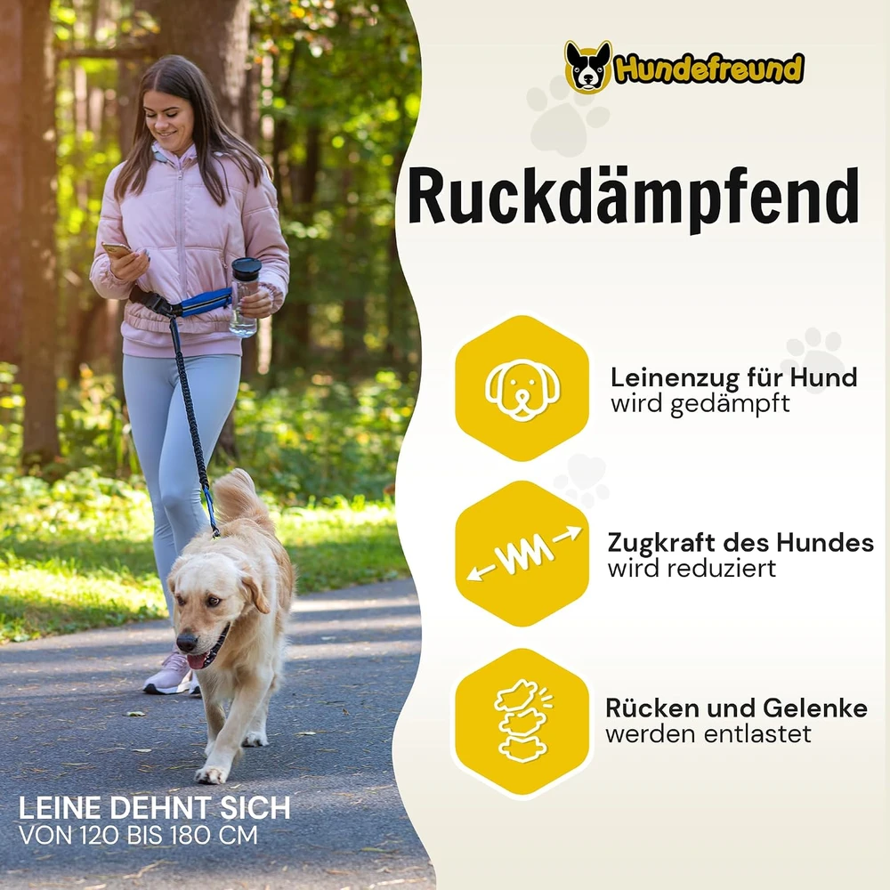 Hundefreund laisvų rankų šunų pavadėlis su juosmens diržu, elastingas 120–180 cm