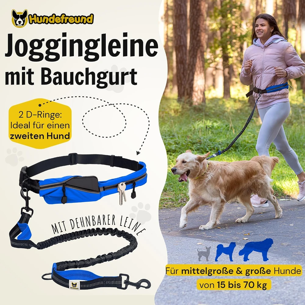 Hundefreund laisvų rankų šunų pavadėlis su juosmens diržu, elastingas 120–180 cm