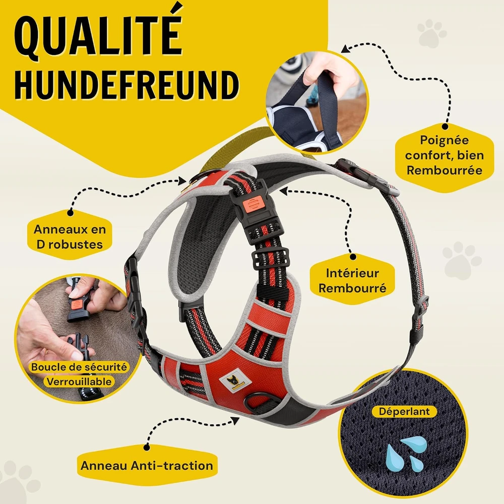Hundefreund šunų petnešos su atšvaitais, paminkštinimu ir 3 sagtimis, XL, raudonos