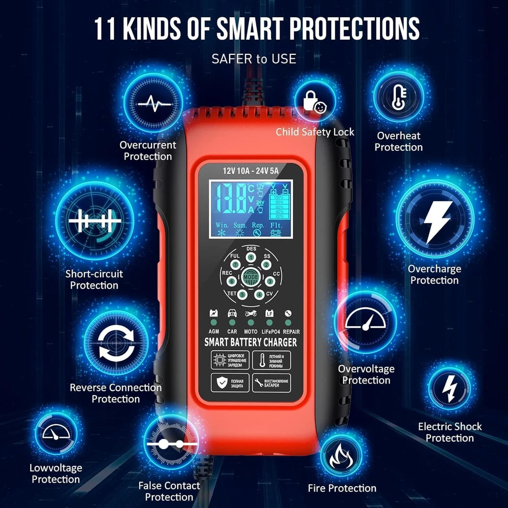 Husgw akumuliatorių įkroviklis 12 V/24 V, 10 A, su LCD ekranu ZYX-J50