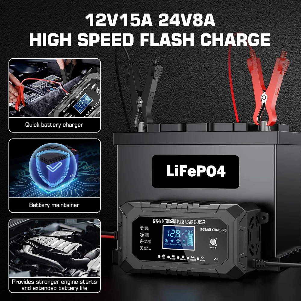 Husgw automobilinis akumuliatorių įkroviklis 12 V 15 A / 24 V 8 A 15A
