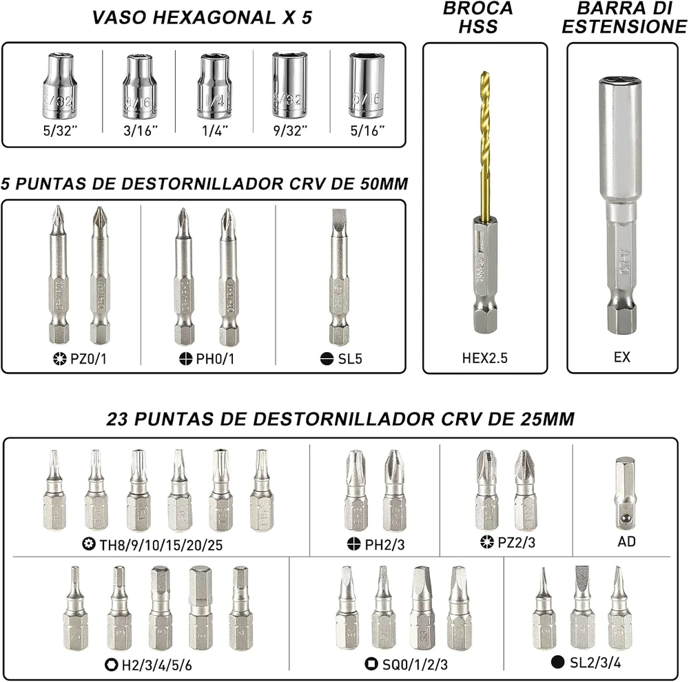 HYCHIKA akumuliatorinis suktuvas 3,6 V, 6 Nm, 2000 mAh su 36 priedais ML-CS46-36
