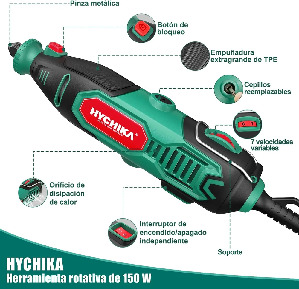 HYCHIKA daugiafunkcis sukamasis įrankis 150 W, 7 greičiai, su grandinės galąstuvu ir 167 priedais, TX108