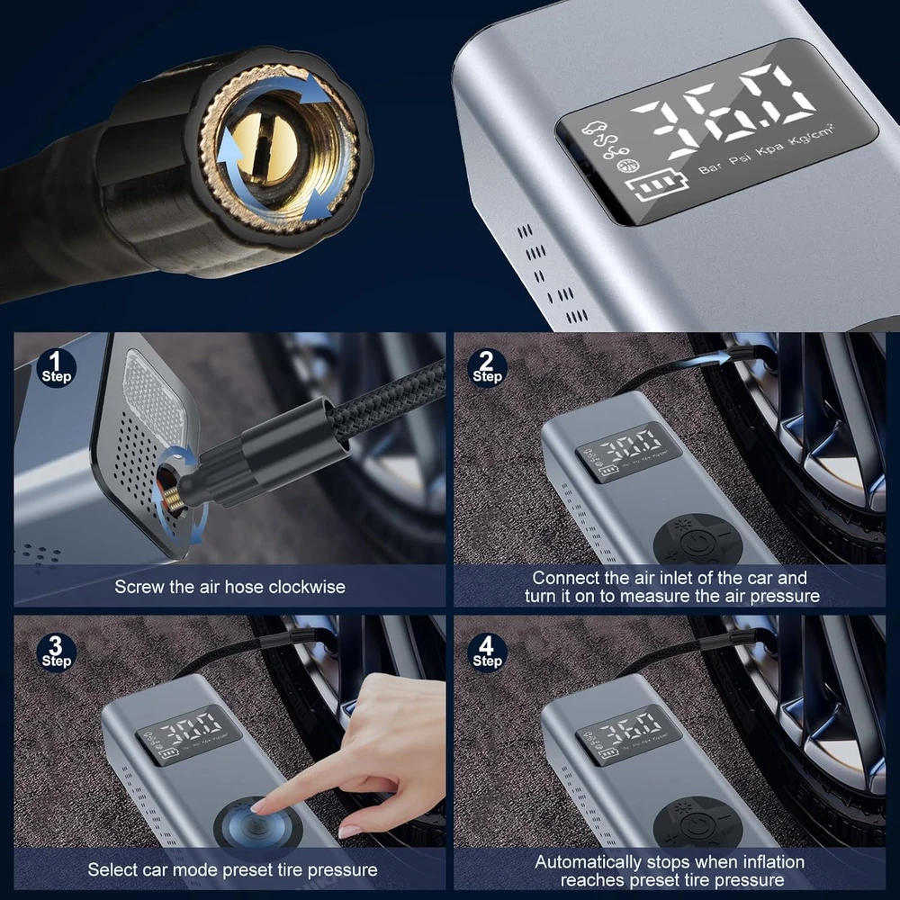 HYCHIKA nešiojamas elektrinis oro kompresorius 12 V, 6000 mAh, 150 PSI, MS22C-002