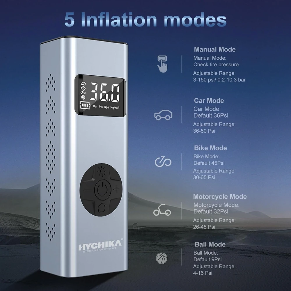 HYCHIKA nešiojamas elektrinis oro kompresorius 12 V, 6000 mAh, 150 PSI, MS22C-002